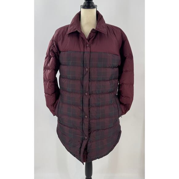 PrAna Women's Globe Thistle Down Puffer Long Shirt Jacket Red Plaid Tunic S - Picture 1 of 10